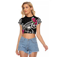 Guam Chamorro Raglan Cropped T Shirt Bougainvillea Black Polynesian Tribal Pattern LT05 Female Black - Polynesian Pride