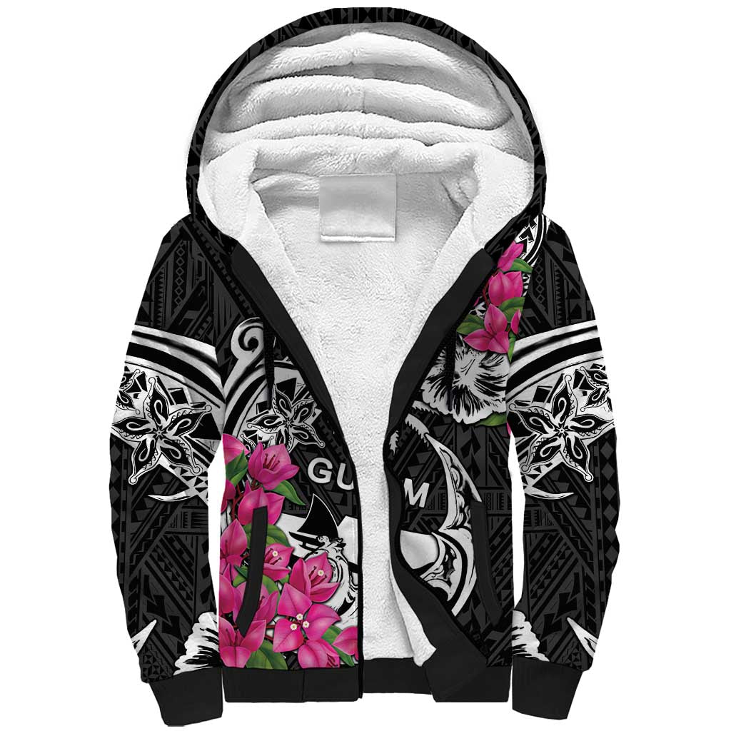 Guam Chamorro Sherpa Hoodie Bougainvillea Black Polynesian Tribal Pattern LT05 Unisex Black - Polynesian Pride