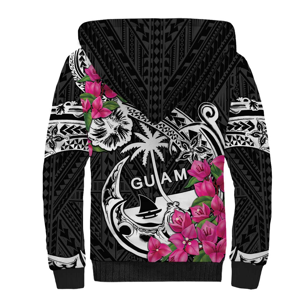Guam Chamorro Sherpa Hoodie Bougainvillea Black Polynesian Tribal Pattern LT05 - Polynesian Pride