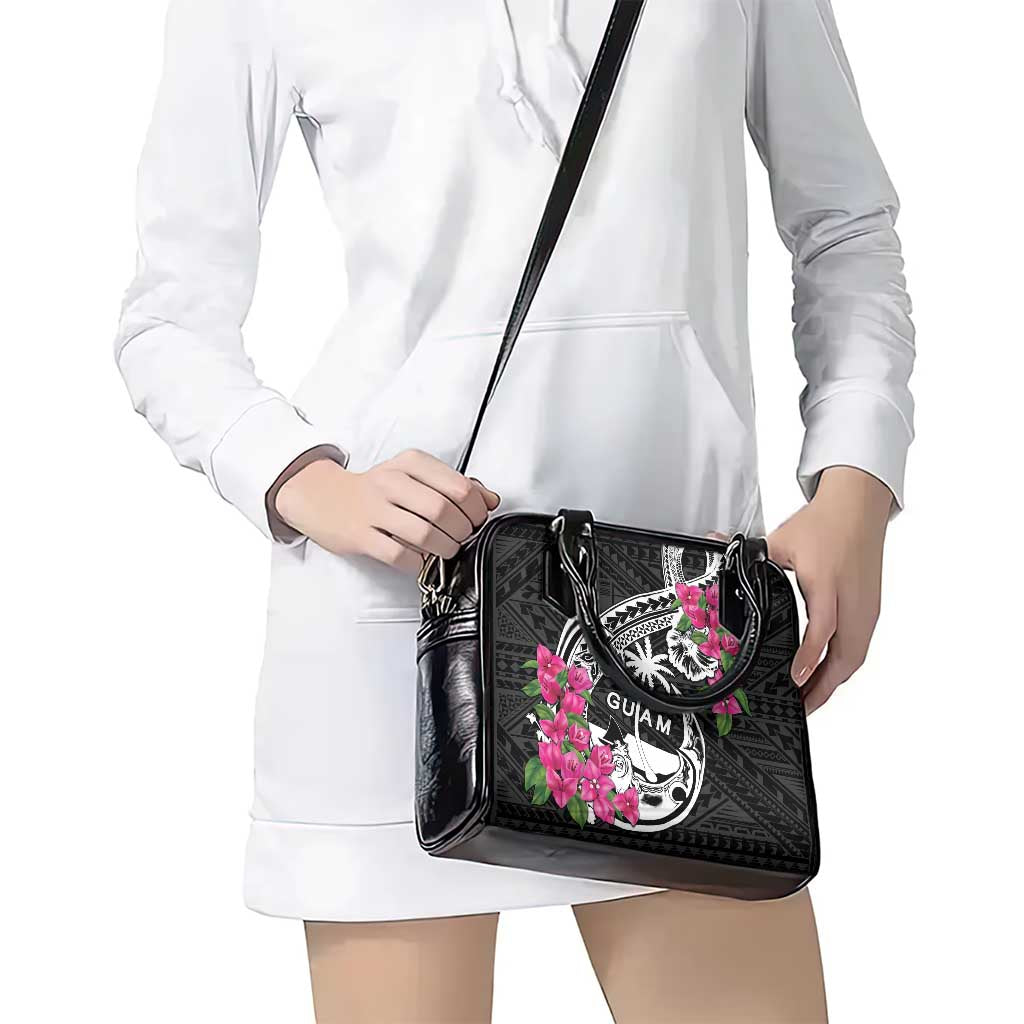 Guam Chamorro Shoulder Handbag Bougainvillea Black Polynesian Tribal Pattern