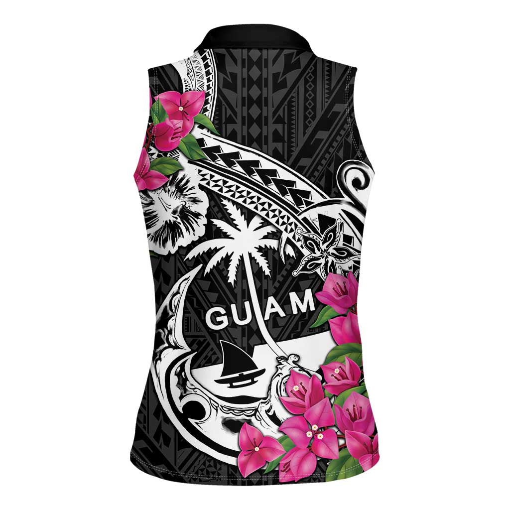 Guam Chamorro Women Sleeveless Polo Shirt Bougainvillea Black Polynesian Tribal Pattern