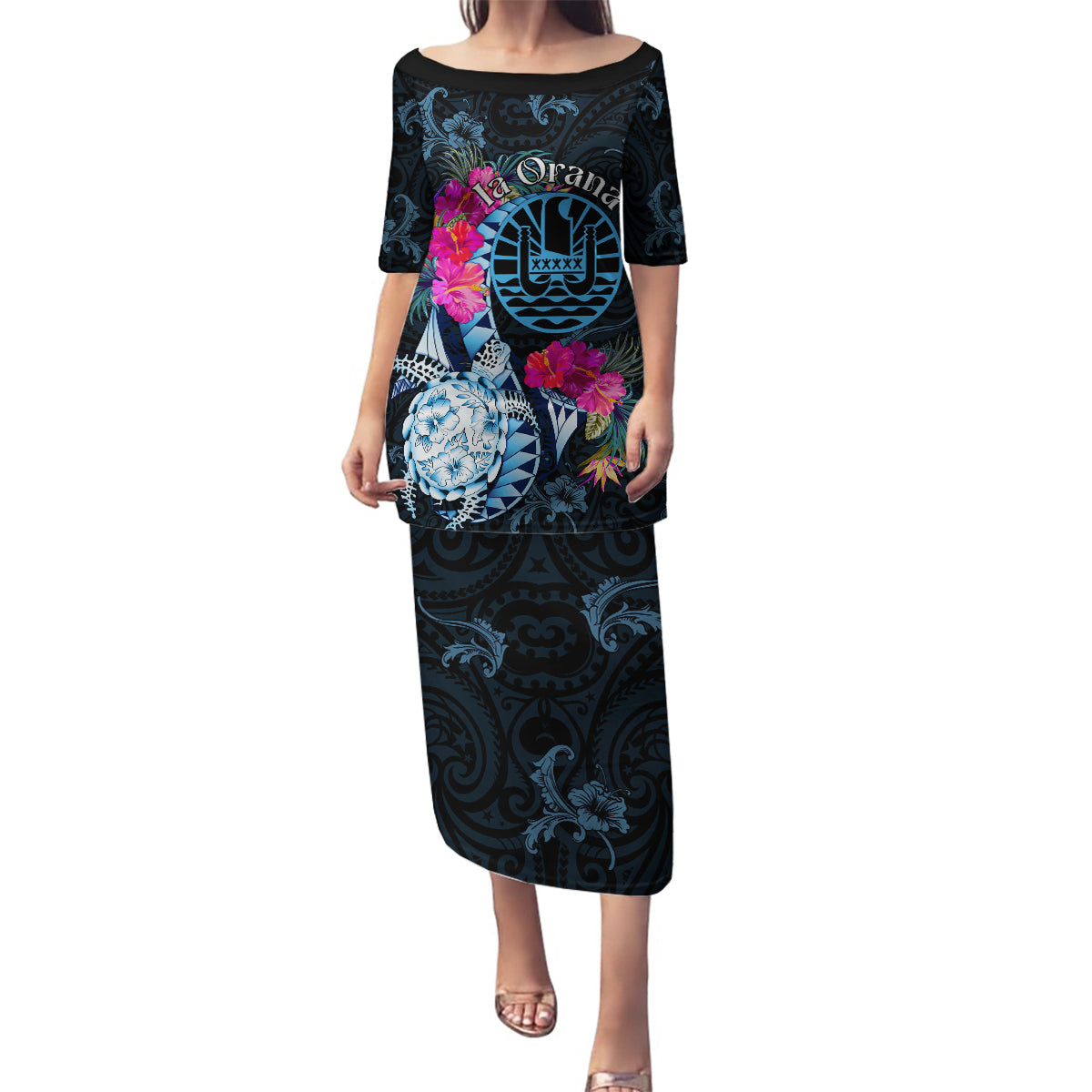 Tahiti Ia Orana Family Matching Puletasi and Hawaiian Shirt Polynesian Turtle With Coat Of Arms LT05 Mom's Dress Blue - Polynesian Pride