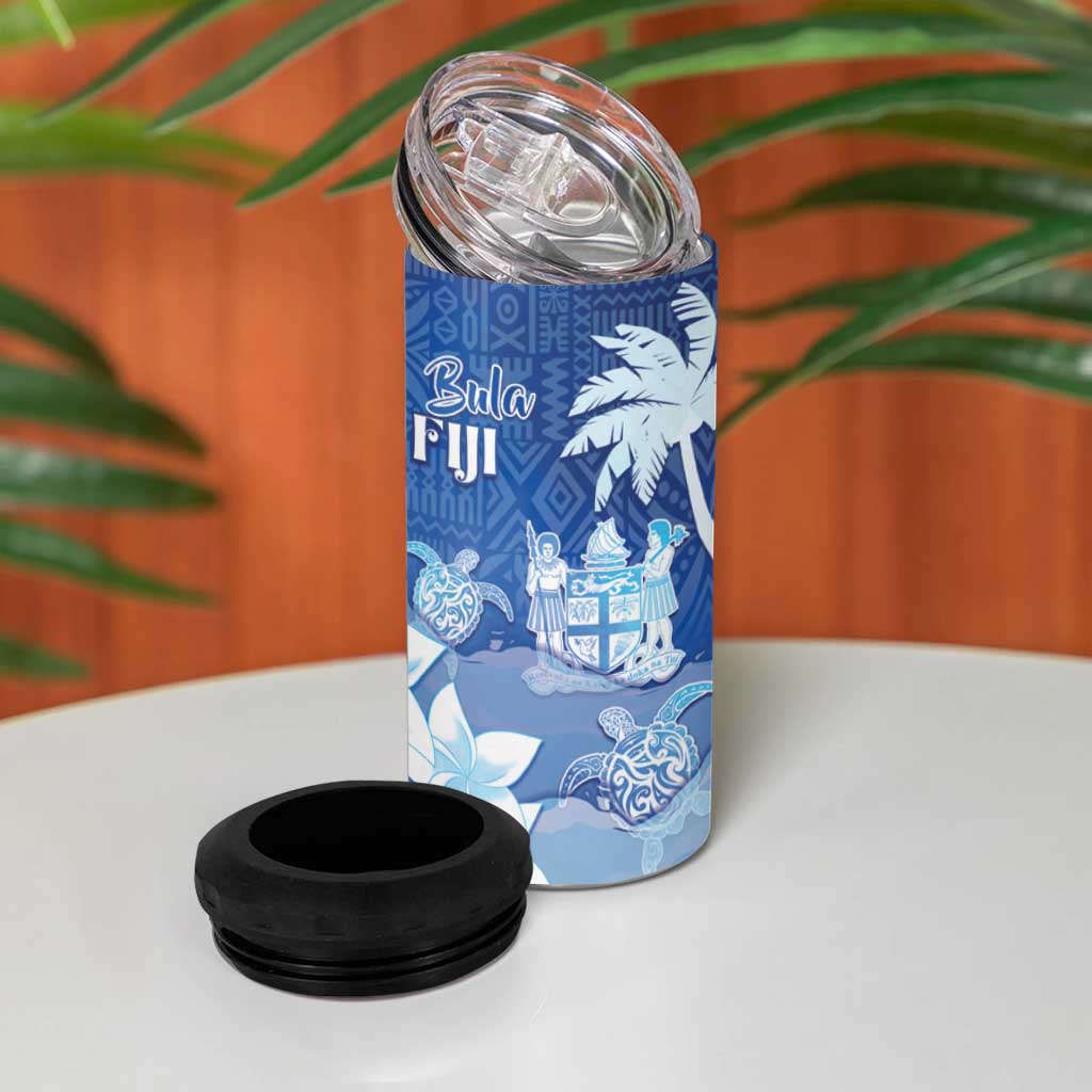 Bula Fiji 4 in 1 Can Cooler Tumbler Fijian Masi Pattern With Blue Coat Of Arms LT05 - Polynesian Pride