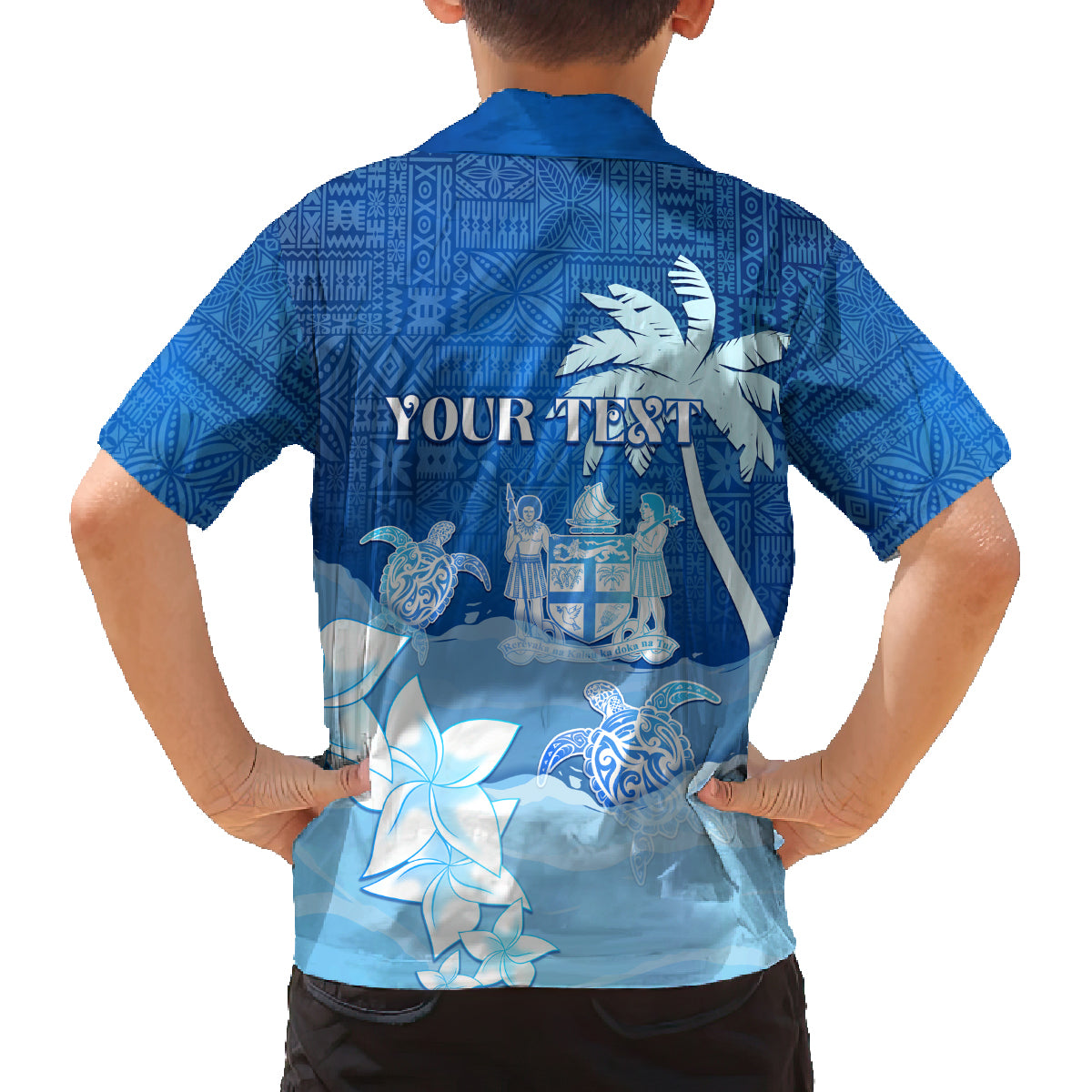 Personalised Bula Fiji Family Matching Long Sleeve Bodycon Dress and Hawaiian Shirt Fijian Masi Pattern With Blue Coat Of Arms LT05 - Polynesian Pride