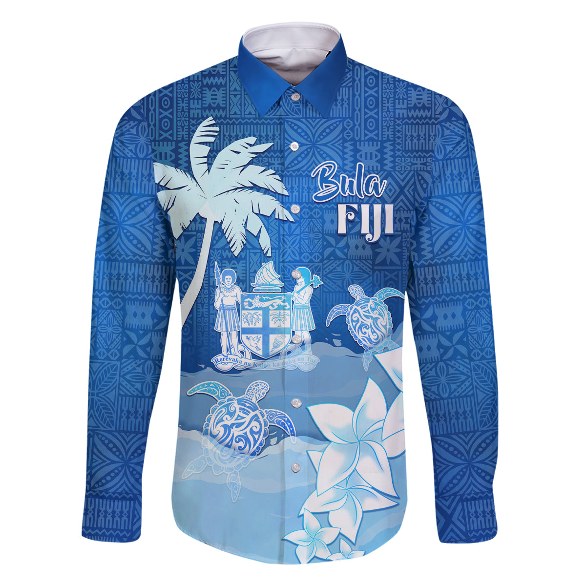 Personalised Bula Fiji Family Matching Long Sleeve Bodycon Dress and Hawaiian Shirt Fijian Masi Pattern With Blue Coat Of Arms LT05 Dad's Shirt - Long Sleeve Blue - Polynesian Pride