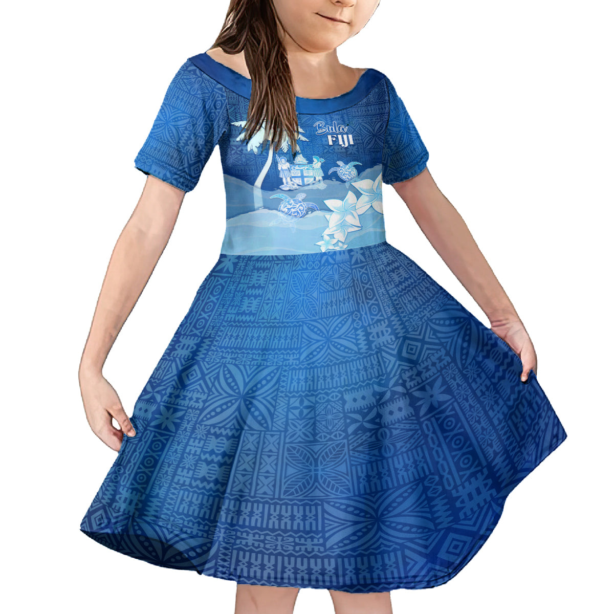 Personalised Bula Fiji Family Matching Tank Maxi Dress and Hawaiian Shirt Fijian Masi Pattern With Blue Coat Of Arms LT05 Daughter's Dress Blue - Polynesian Pride