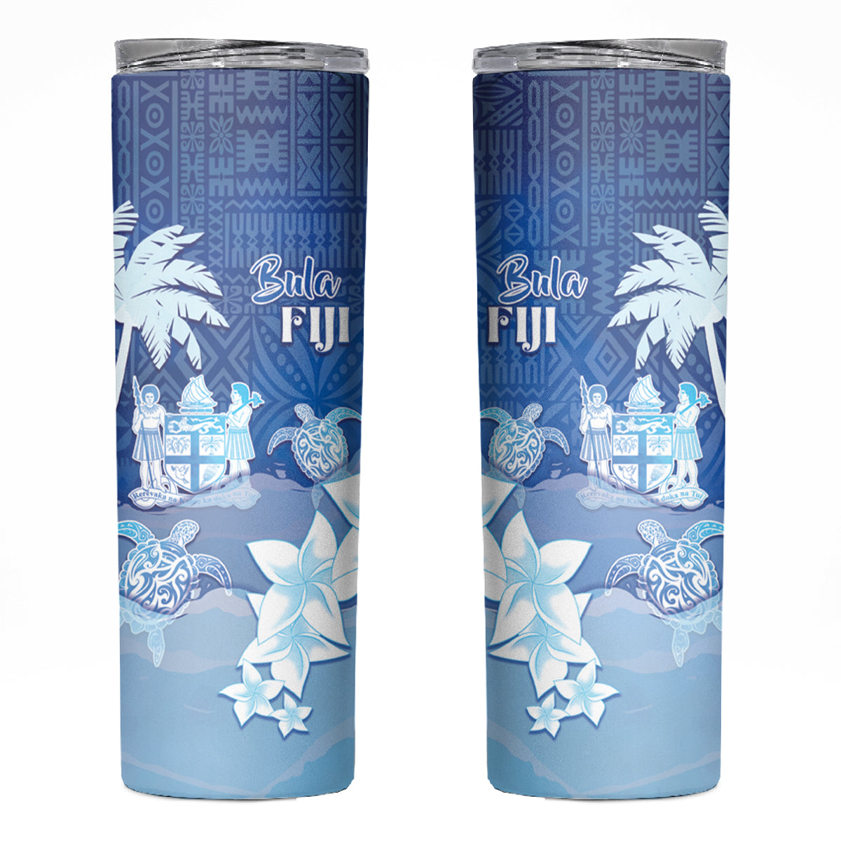 Bula Fiji Skinny Tumbler Fijian Masi Pattern With Blue Coat Of Arms LT05 Blue - Polynesian Pride