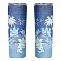 Bula Fiji Skinny Tumbler Fijian Masi Pattern With Blue Coat Of Arms LT05 Blue - Polynesian Pride