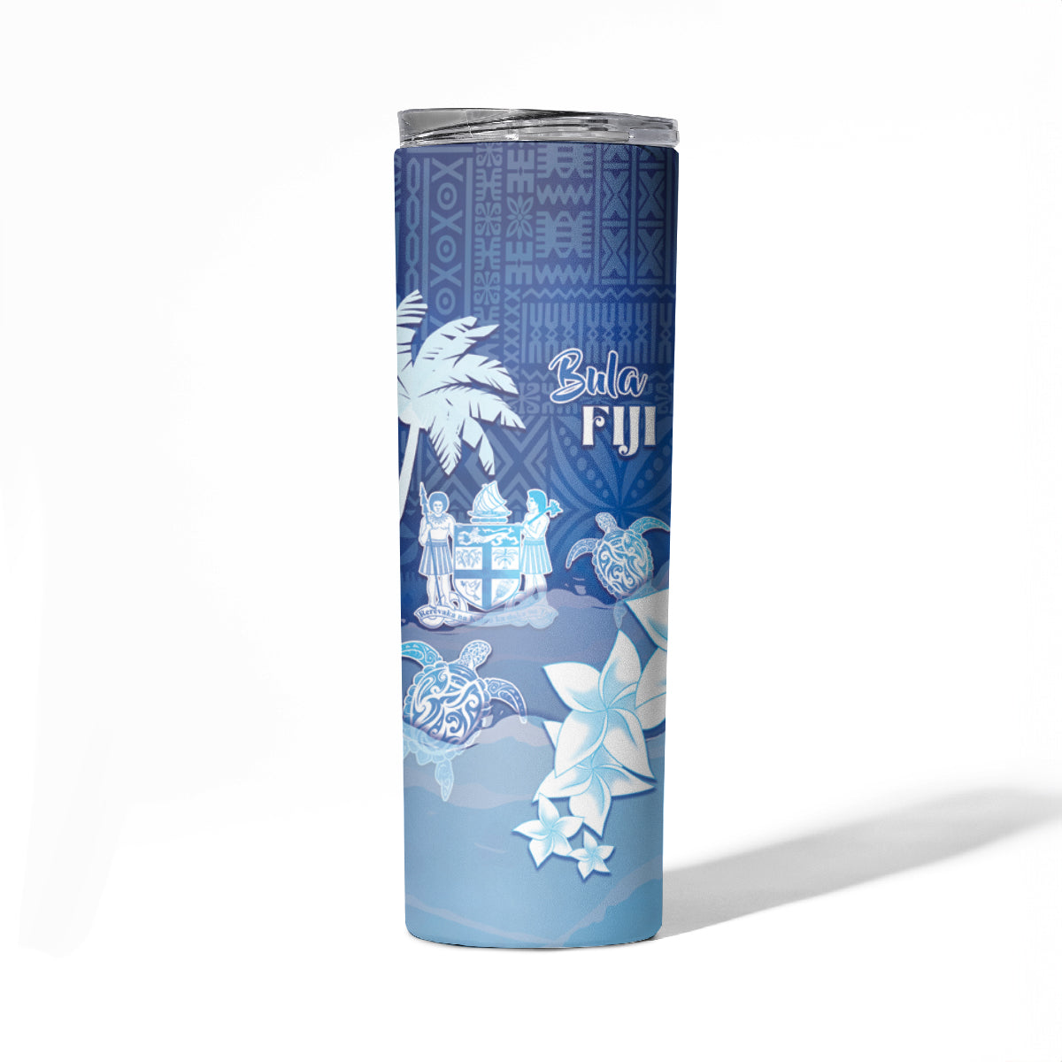 Bula Fiji Skinny Tumbler Fijian Masi Pattern With Blue Coat Of Arms LT05 - Polynesian Pride