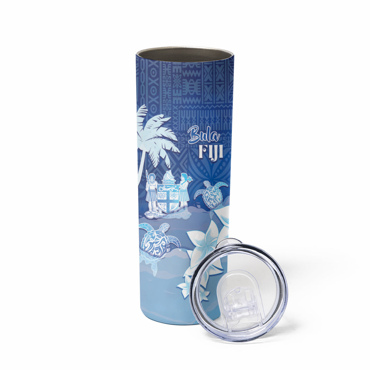 Bula Fiji Skinny Tumbler Fijian Masi Pattern With Blue Coat Of Arms LT05 - Polynesian Pride