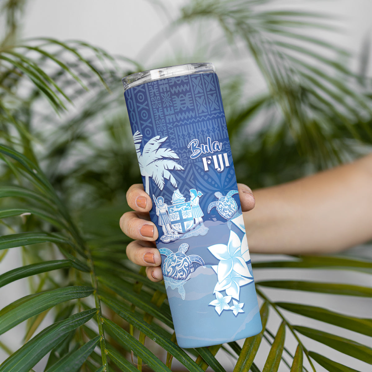 Bula Fiji Skinny Tumbler Fijian Masi Pattern With Blue Coat Of Arms LT05 - Polynesian Pride