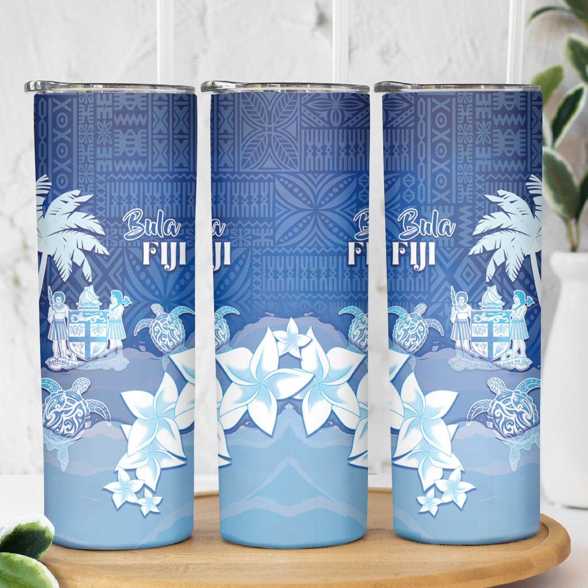 Bula Fiji Skinny Tumbler Fijian Masi Pattern With Blue Coat Of Arms LT05 - Polynesian Pride