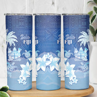 Bula Fiji Skinny Tumbler Fijian Masi Pattern With Blue Coat Of Arms LT05 - Polynesian Pride
