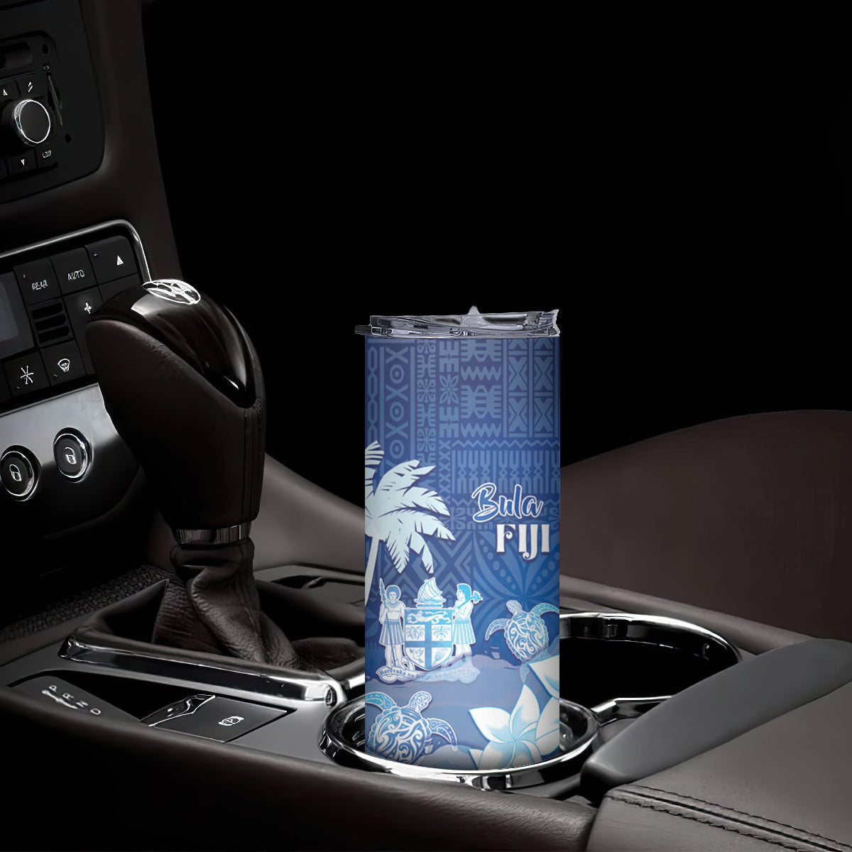 Bula Fiji Skinny Tumbler Fijian Masi Pattern With Blue Coat Of Arms LT05 - Polynesian Pride