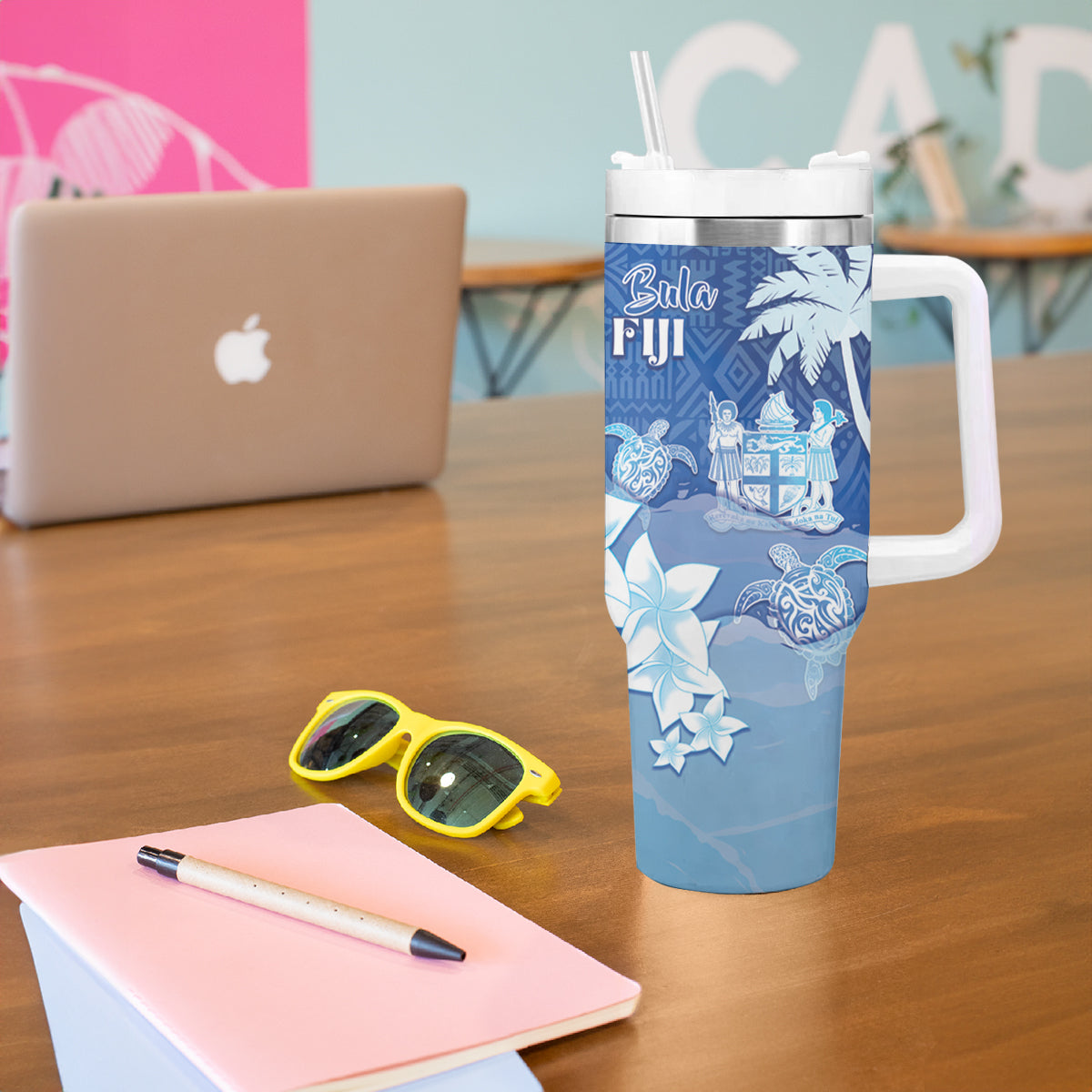 Bula Fiji Tumbler With Handle Fijian Masi Pattern With Blue Coat Of Arms