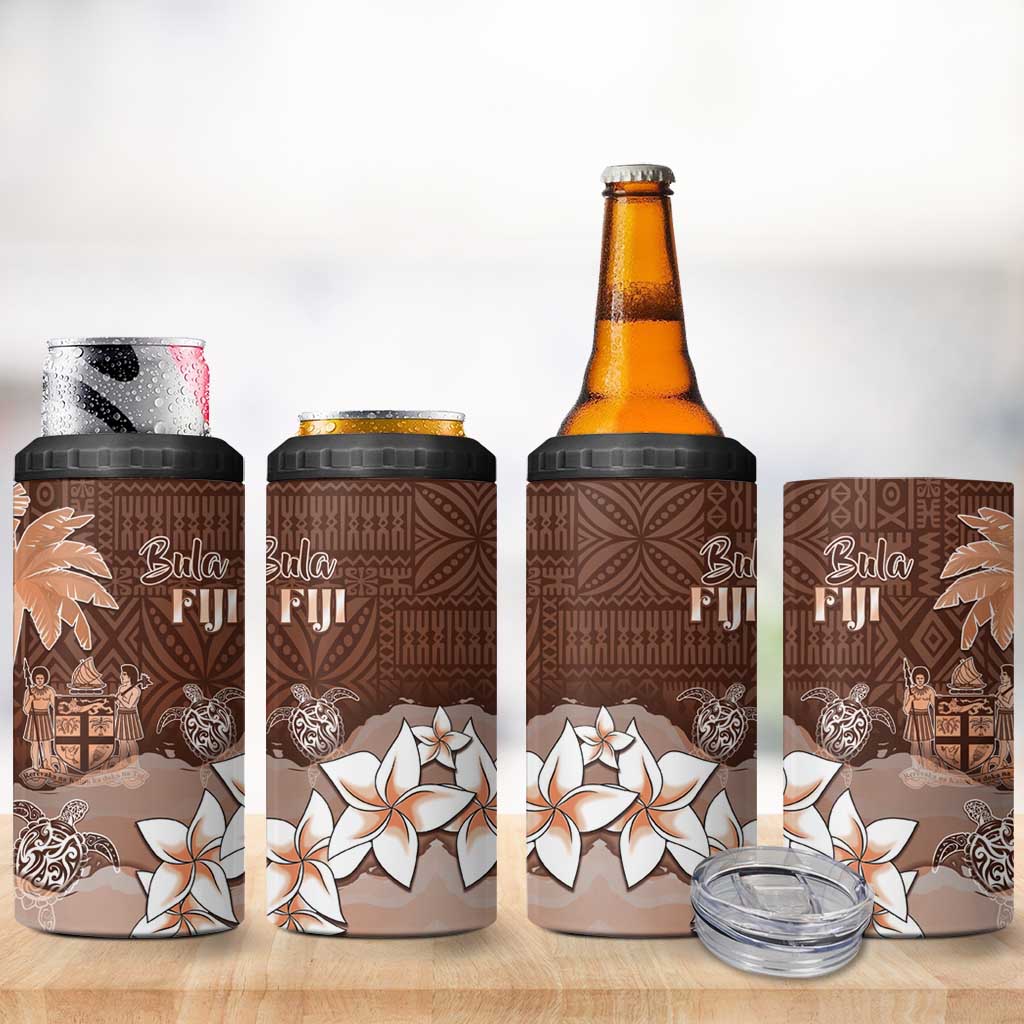 Bula Fiji 4 in 1 Can Cooler Tumbler Fijian Masi Pattern With Brown Coat Of Arms LT05 - Polynesian Pride