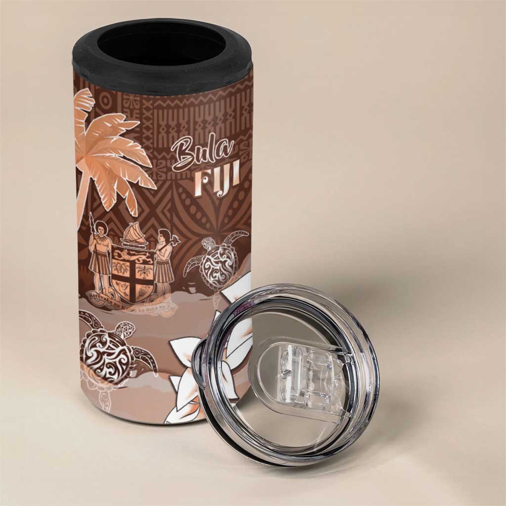 Bula Fiji 4 in 1 Can Cooler Tumbler Fijian Masi Pattern With Brown Coat Of Arms LT05 - Polynesian Pride