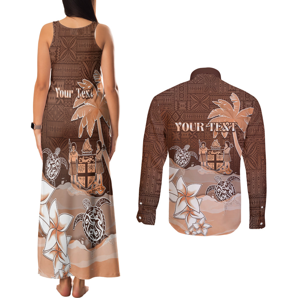 Personalised Bula Fiji Couples Matching Tank Maxi Dress and Long Sleeve Button Shirt Fijian Masi Pattern With Brown Coat Of Arms LT05 - Polynesian Pride