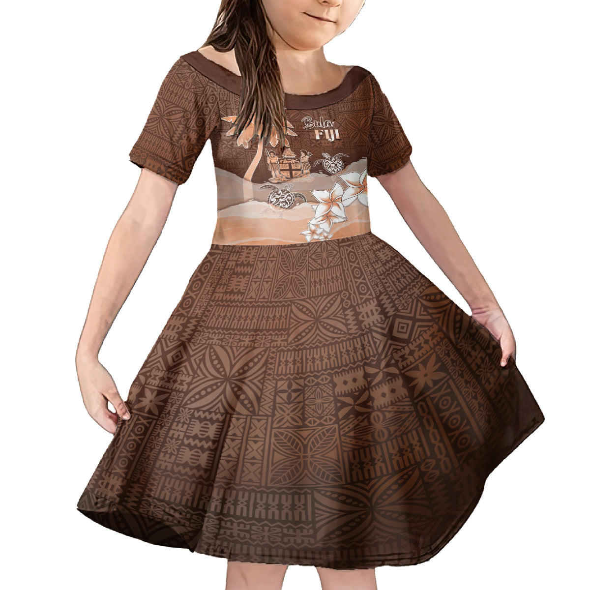 Personalised Bula Fiji Family Matching Long Sleeve Bodycon Dress and Hawaiian Shirt Fijian Masi Pattern With Brown Coat Of Arms LT05 Daughter's Dress Brown - Polynesian Pride