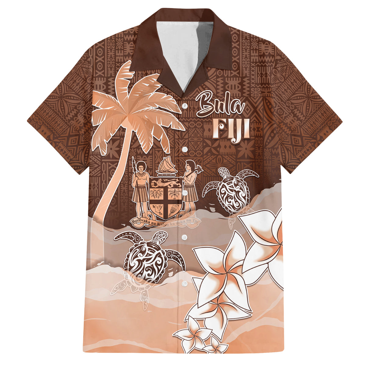 Personalised Bula Fiji Family Matching Puletasi and Hawaiian Shirt Fijian Masi Pattern With Brown Coat Of Arms LT05 Dad's Shirt - Short Sleeve Brown - Polynesian Pride