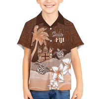 Personalised Bula Fiji Family Matching Puletasi and Hawaiian Shirt Fijian Masi Pattern With Brown Coat Of Arms LT05 Son's Shirt Brown - Polynesian Pride