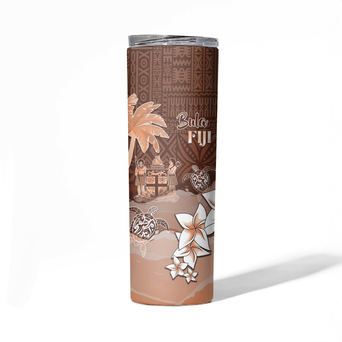 Bula Fiji Skinny Tumbler Fijian Masi Pattern With Brown Coat Of Arms LT05 - Polynesian Pride