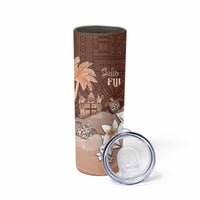 Bula Fiji Skinny Tumbler Fijian Masi Pattern With Brown Coat Of Arms LT05 - Polynesian Pride