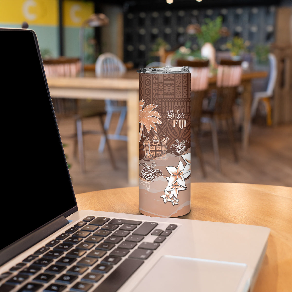 Bula Fiji Skinny Tumbler Fijian Masi Pattern With Brown Coat Of Arms LT05 - Polynesian Pride