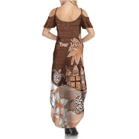 Personalised Bula Fiji Summer Maxi Dress Fijian Masi Pattern With Brown Coat Of Arms LT05 - Polynesian Pride
