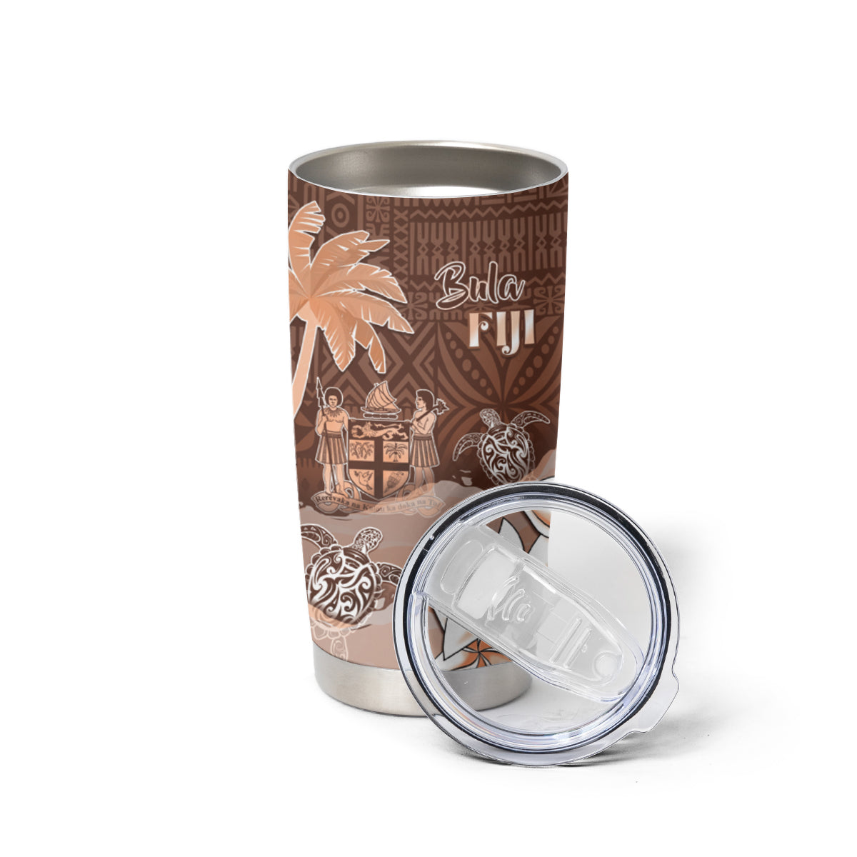 Bula Fiji Tumbler Cup Fijian Masi Pattern With Brown Coat Of Arms