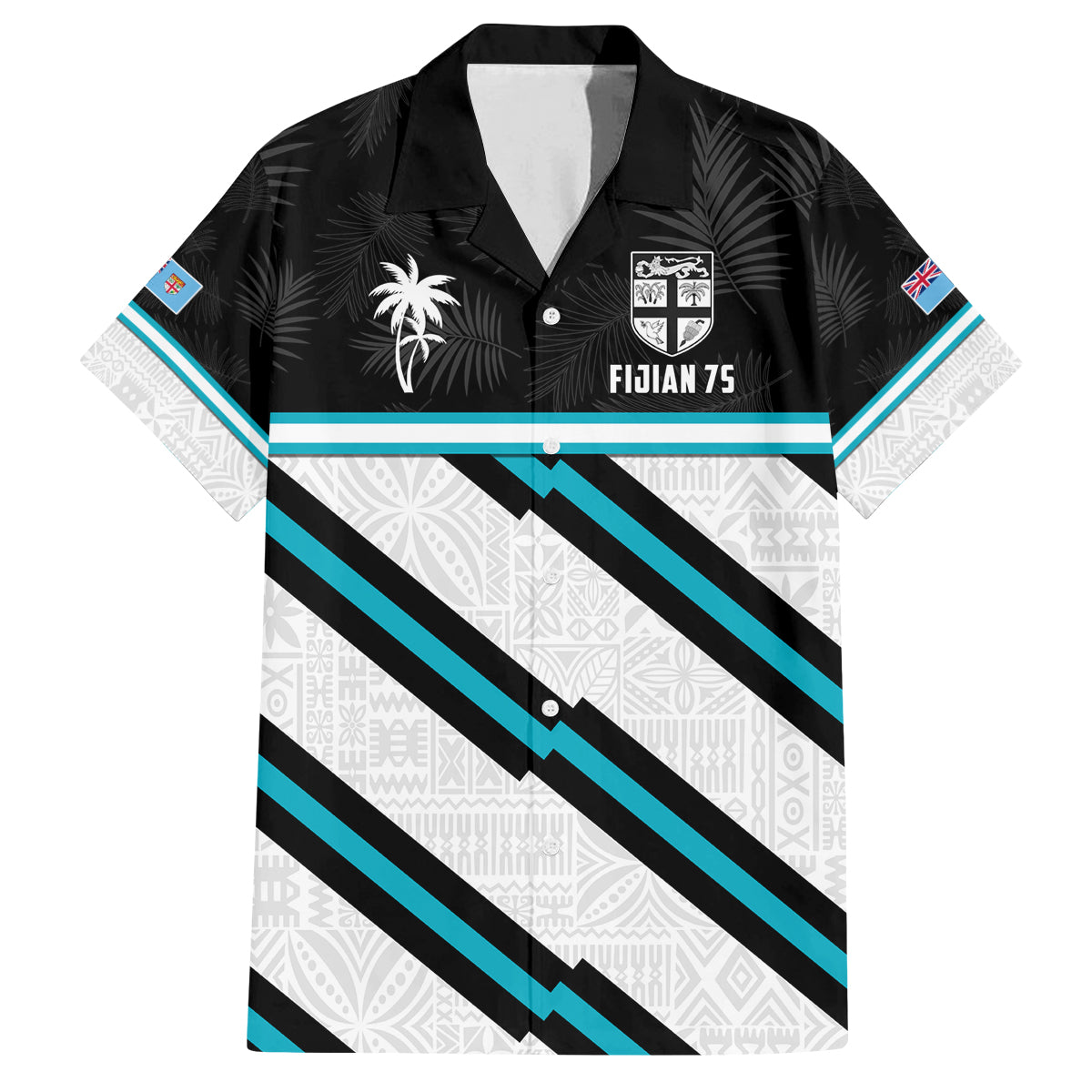 Custom Fiji Rugby Family Matching Off Shoulder Short Dress and Hawaiian Shirt Fijian 7s With Tapa Pattern LT05 Dad's Shirt - Short Sleeve White - Polynesian Pride