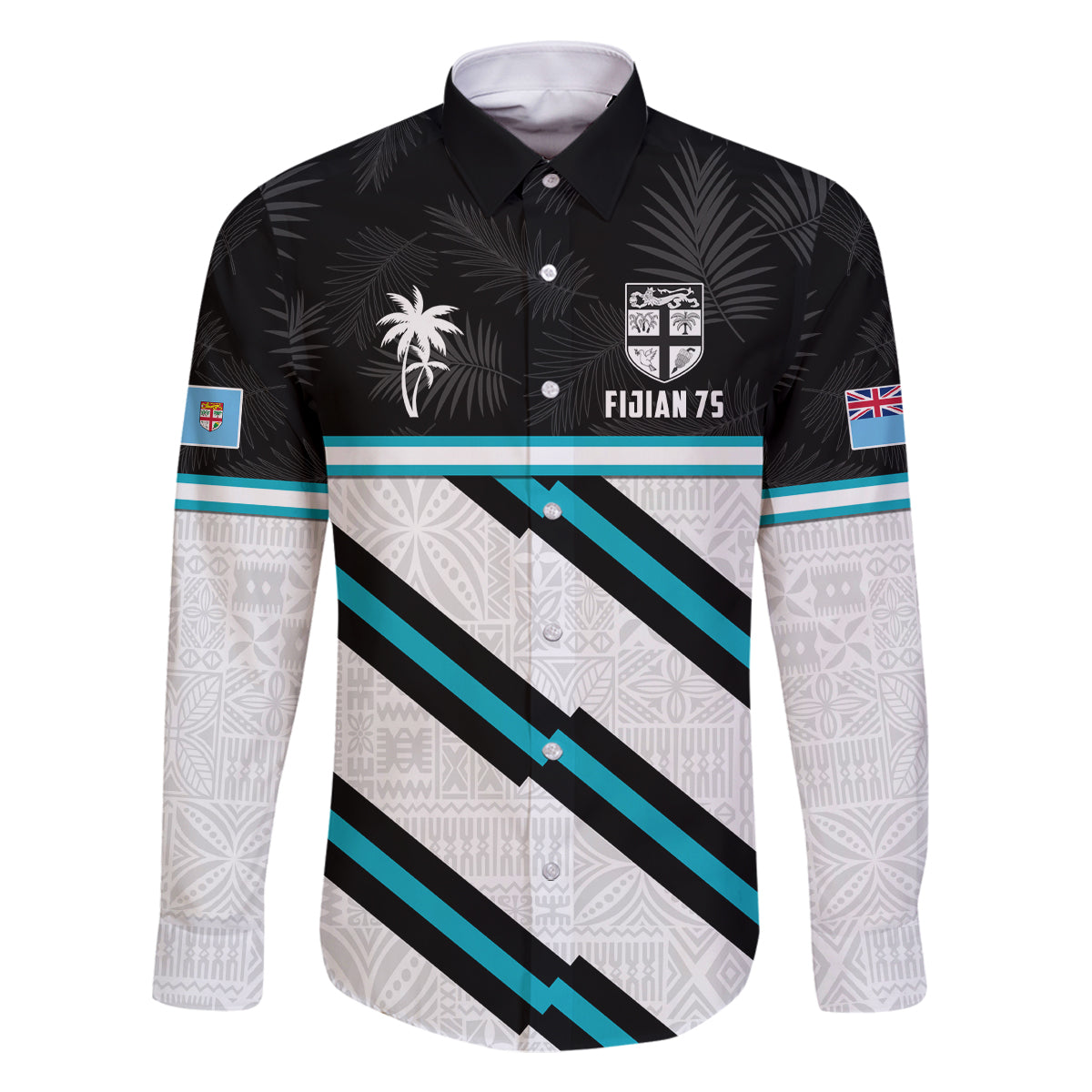 Custom Fiji Rugby Family Matching Off Shoulder Short Dress and Hawaiian Shirt Fijian 7s With Tapa Pattern LT05 Dad's Shirt - Long Sleeve White - Polynesian Pride