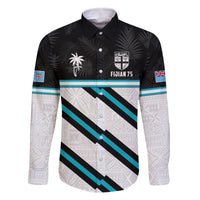 Custom Fiji Rugby Family Matching Off Shoulder Short Dress and Hawaiian Shirt Fijian 7s With Tapa Pattern LT05 Dad's Shirt - Long Sleeve White - Polynesian Pride