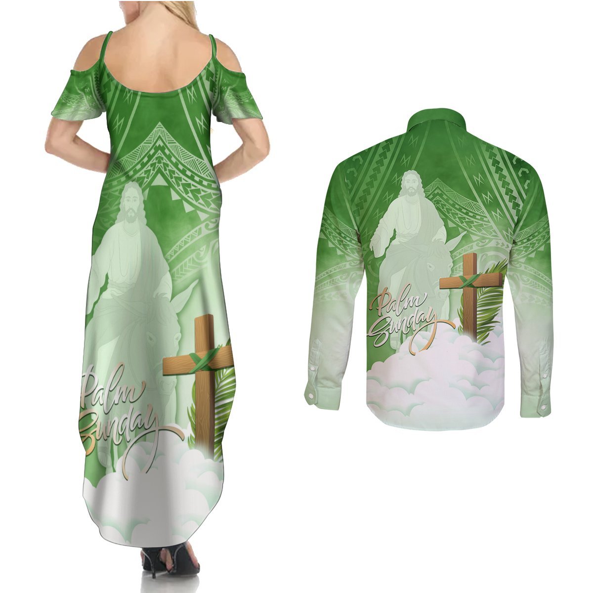 Happy Palm Sunday Couples Matching Summer Maxi Dress and Long Sleeve Button Shirt With Polynesian Pattern LT05 - Polynesian Pride