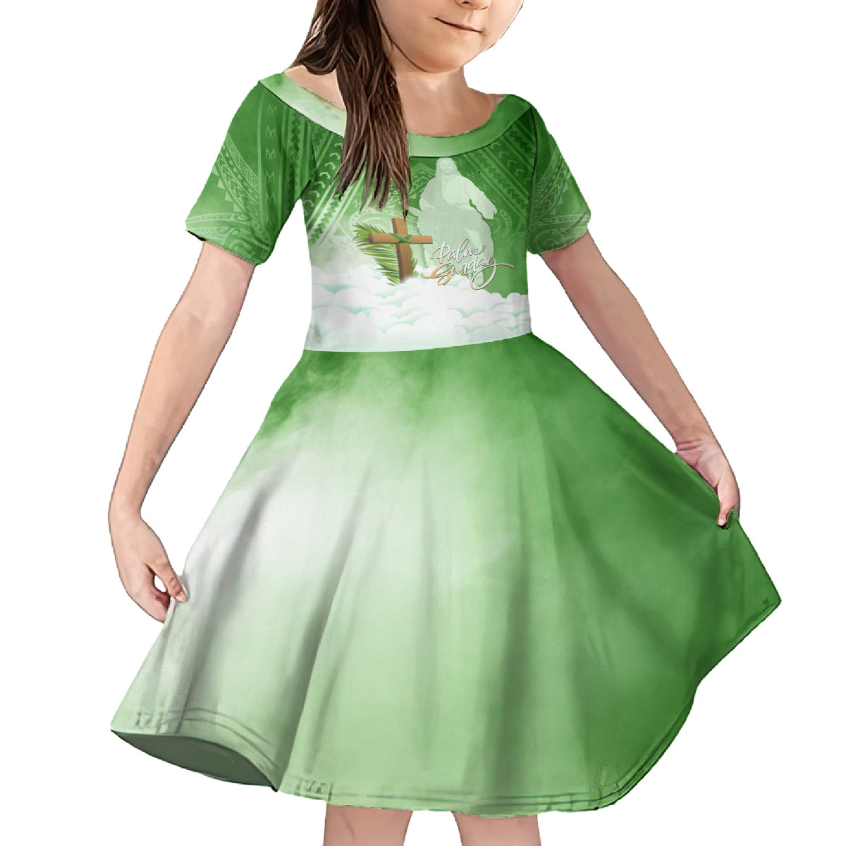 Happy Palm Sunday Family Matching Off Shoulder Short Dress and Hawaiian Shirt With Polynesian Pattern LT05 Daughter's Dress Green - Polynesian Pride