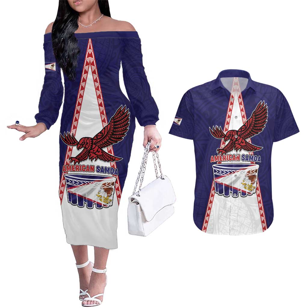 Personalised American Samoa Flag Day Couples Matching Off The Shoulder Long Sleeve Dress and Hawaiian Shirt Flag Style
