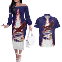 Personalised American Samoa Flag Day Couples Matching Off The Shoulder Long Sleeve Dress and Hawaiian Shirt Flag Style LT05 Blue - Polynesian Pride