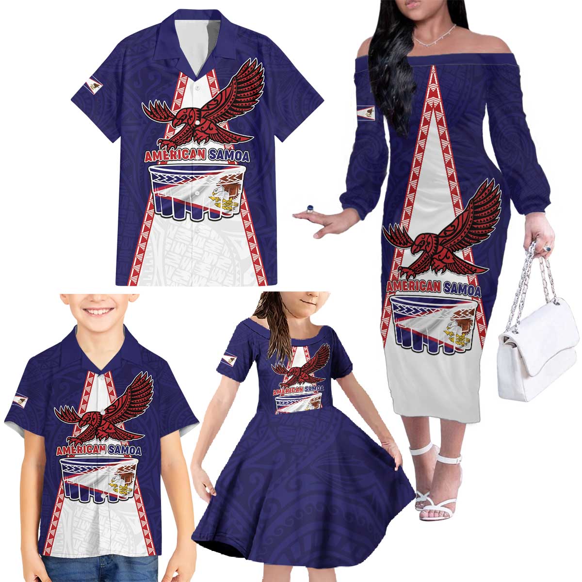 Personalised American Samoa Flag Day Family Matching Off The Shoulder Long Sleeve Dress and Hawaiian Shirt Flag Style LT05 - Polynesian Pride