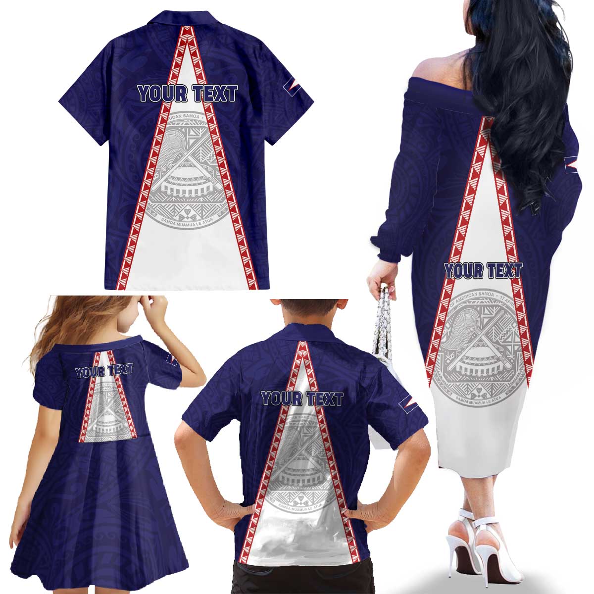 Personalised American Samoa Flag Day Family Matching Off The Shoulder Long Sleeve Dress and Hawaiian Shirt Flag Style LT05 - Polynesian Pride