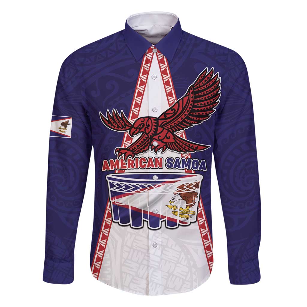 Personalised American Samoa Flag Day Family Matching Off Shoulder Short Dress and Hawaiian Shirt Flag Style LT05 Dad's Shirt - Long Sleeve Blue - Polynesian Pride