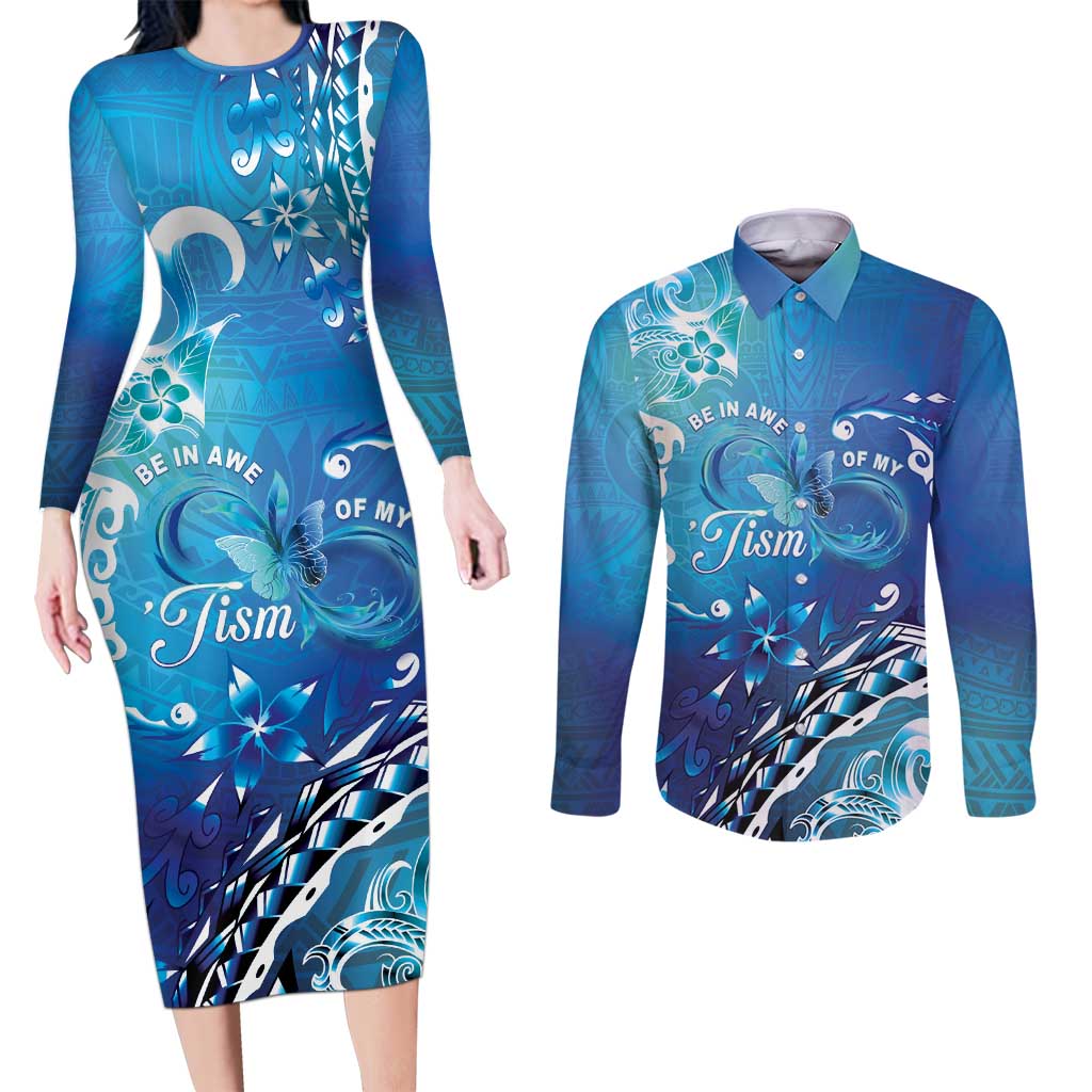 Polynesia Autism Awareness Couples Matching Long Sleeve Bodycon Dress and Long Sleeve Button Shirt Be In Awe Of My 'Tism