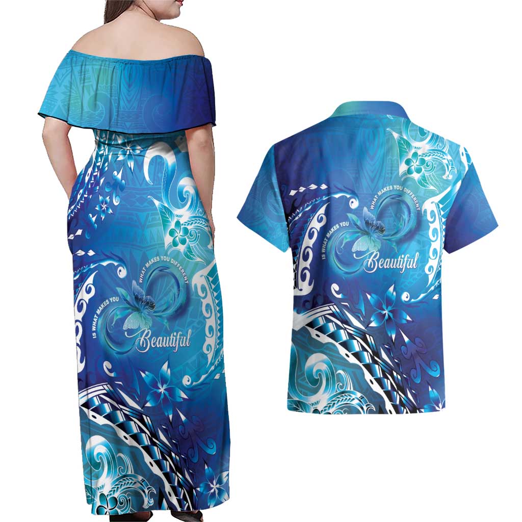 Polynesia Autism Awareness Couples Matching Off Shoulder Maxi Dress and Hawaiian Shirt Be In Awe Of My 'Tism