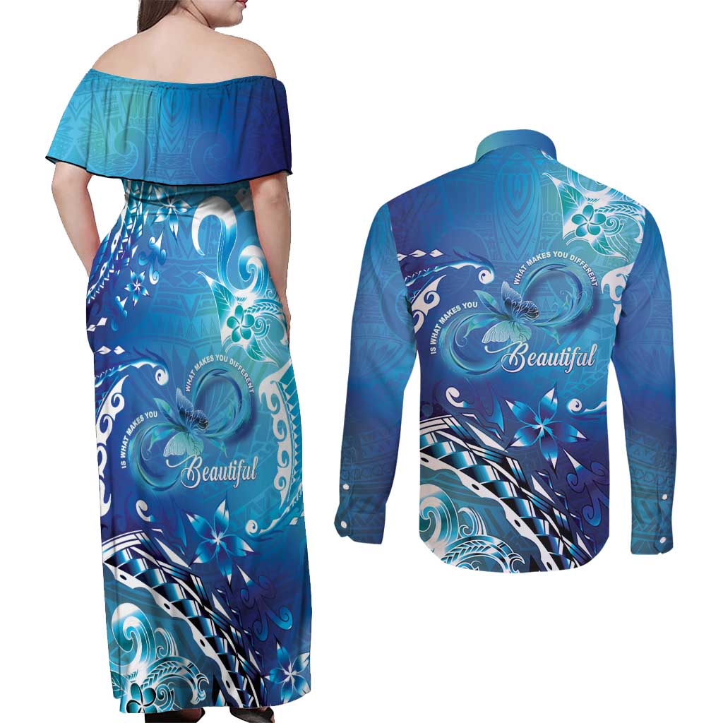Polynesia Autism Awareness Couples Matching Off Shoulder Maxi Dress and Long Sleeve Button Shirt Be In Awe Of My 'Tism