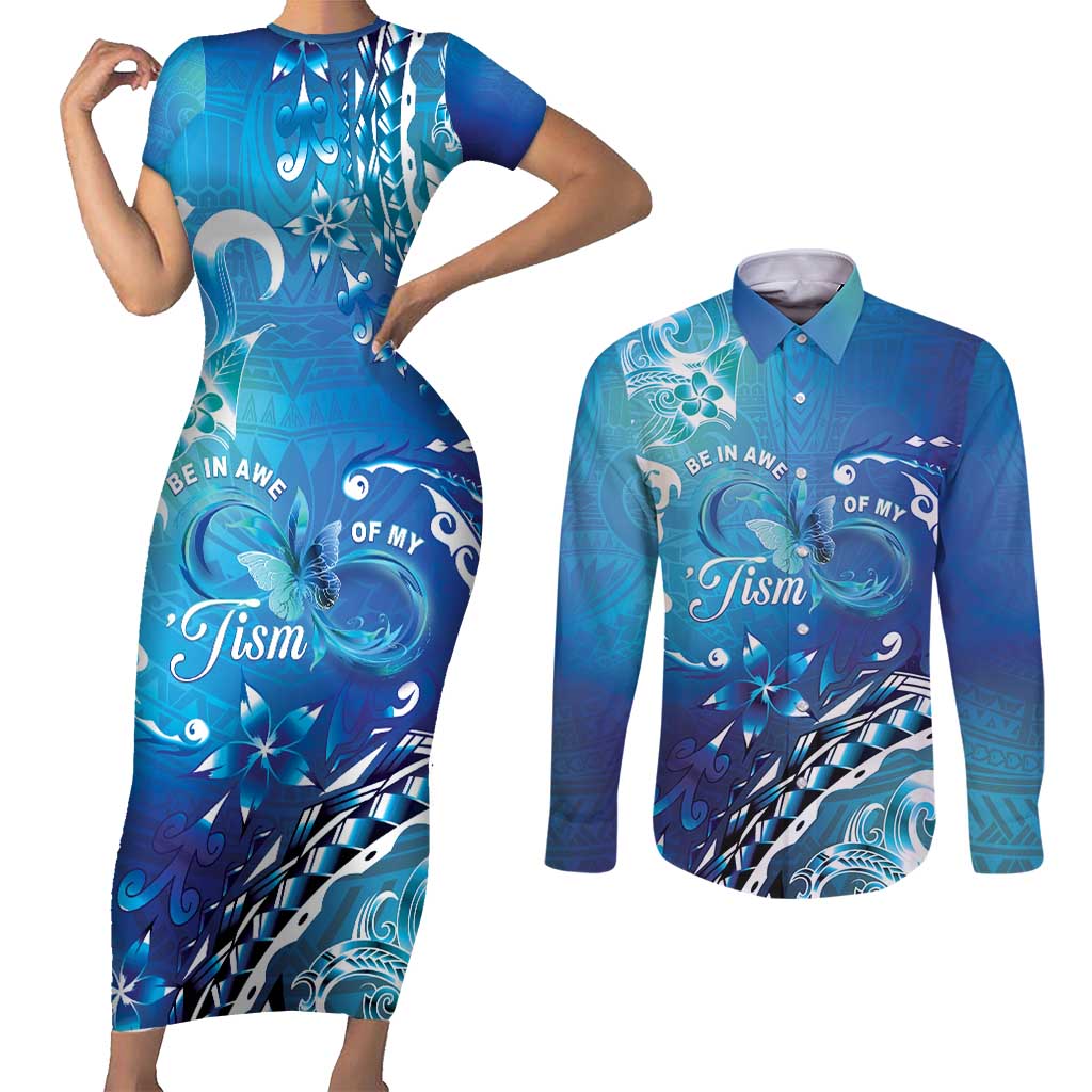 Polynesia Autism Awareness Couples Matching Short Sleeve Bodycon Dress and Long Sleeve Button Shirt Be In Awe Of My 'Tism