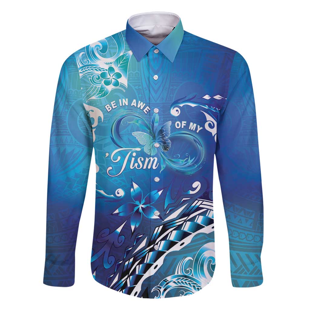 Polynesia Autism Awareness Family Matching Mermaid Dress and Hawaiian Shirt Be In Awe Of My 'Tism LT05 Dad's Shirt - Long Sleeve Blue - Polynesian Pride