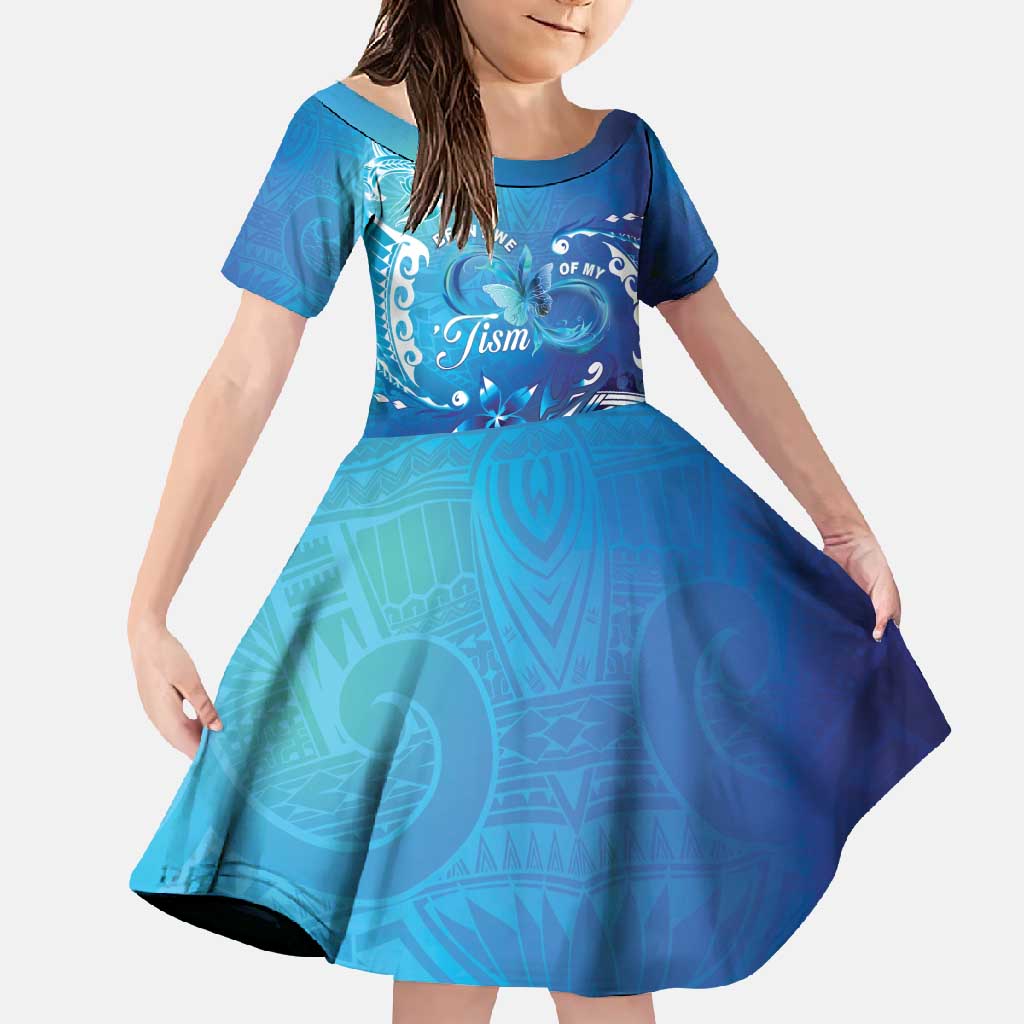 Polynesia Autism Awareness Family Matching Off Shoulder Maxi Dress and Hawaiian Shirt Be In Awe Of My 'Tism LT05 Daughter's Dress Blue - Polynesian Pride
