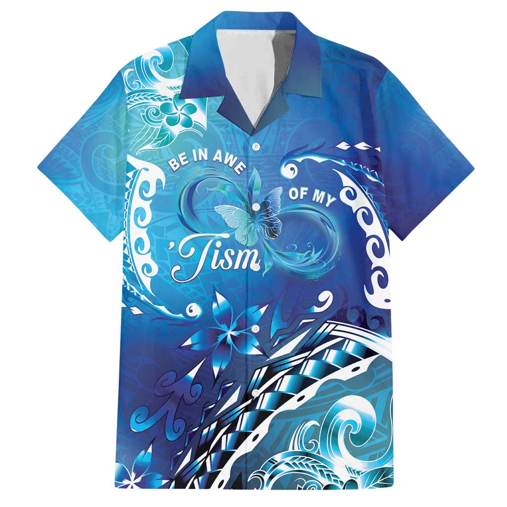 Polynesia Autism Awareness Family Matching Off Shoulder Maxi Dress and Hawaiian Shirt Be In Awe Of My 'Tism LT05 Dad's Shirt - Short Sleeve Blue - Polynesian Pride