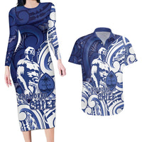 Guam Chief Kepuha Couples Matching Long Sleeve Bodycon Dress and Hawaiian Shirt Chamorro Pride LT05 Blue - Polynesian Pride
