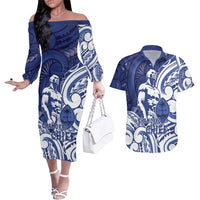 Guam Chief Kepuha Couples Matching Off The Shoulder Long Sleeve Dress and Hawaiian Shirt Chamorro Pride LT05 Blue - Polynesian Pride