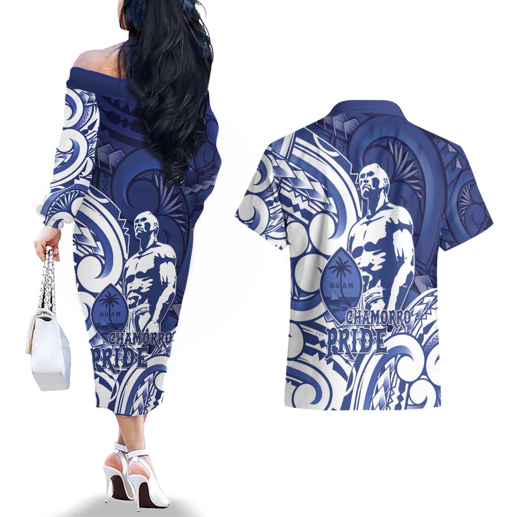 Guam Chief Kepuha Couples Matching Off The Shoulder Long Sleeve Dress and Hawaiian Shirt Chamorro Pride LT05 - Polynesian Pride